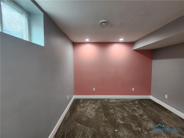 basement with a textured ceiling and carpet