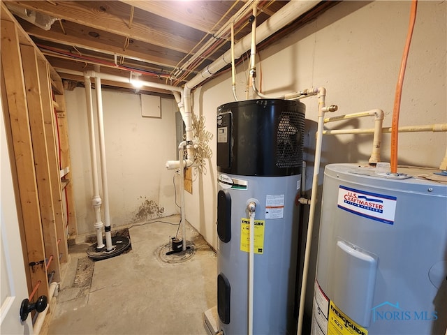 utility room with heat pump water heater and electric water heater