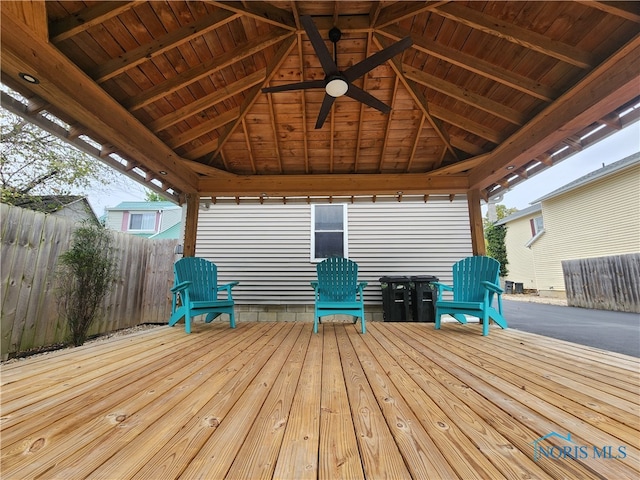 deck with ceiling fan and a gazebo