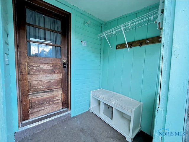 mudroom featuring dark carpet and wooden walls