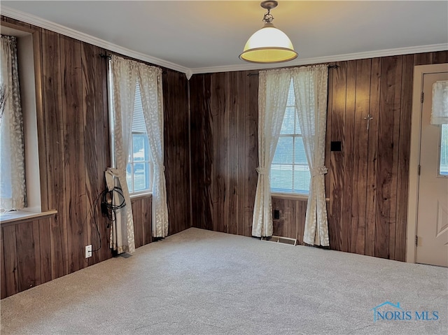 carpeted foyer with wooden walls and ornamental molding