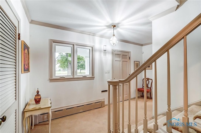 interior space featuring ornamental molding, baseboard heating, and light carpet