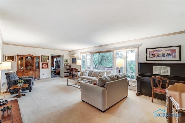 living room with light carpet, a baseboard heating unit, a wall unit AC, and crown molding