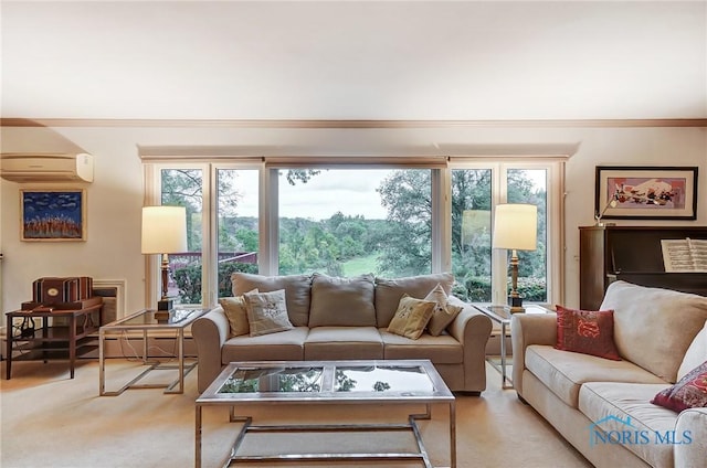 living room featuring a wall mounted AC, light colored carpet, and ornamental molding