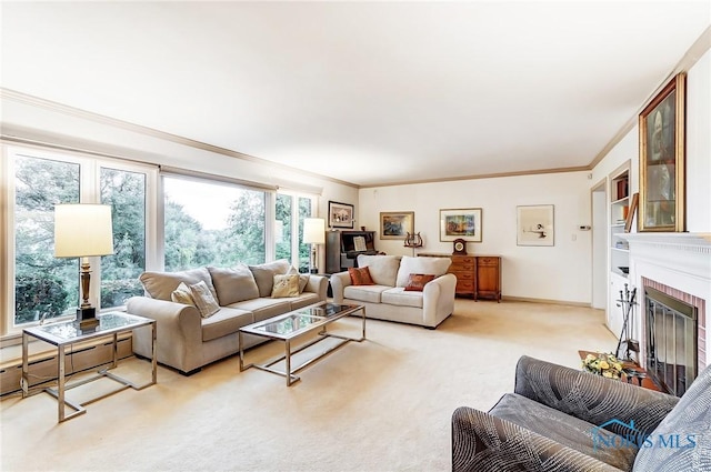 carpeted living room with crown molding and a brick fireplace