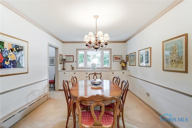 dining space with a chandelier, light carpet, crown molding, and a baseboard heating unit