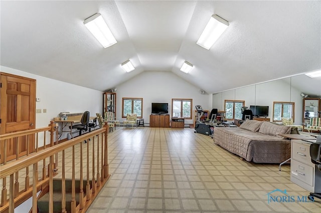 bedroom featuring lofted ceiling and a textured ceiling