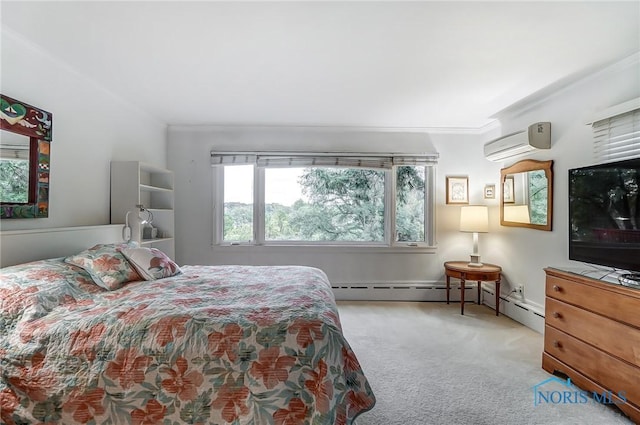 carpeted bedroom featuring an AC wall unit and crown molding