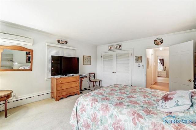 carpeted bedroom featuring a baseboard radiator, a wall unit AC, a closet, and ornamental molding