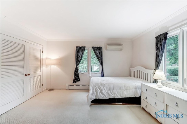 bedroom with crown molding, a wall mounted air conditioner, and a baseboard heating unit