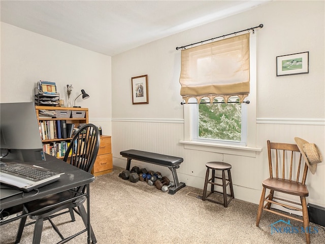 view of carpeted home office