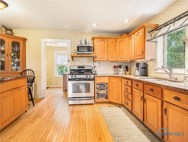 kitchen with appliances with stainless steel finishes, backsplash, light stone countertops, light hardwood / wood-style flooring, and sink