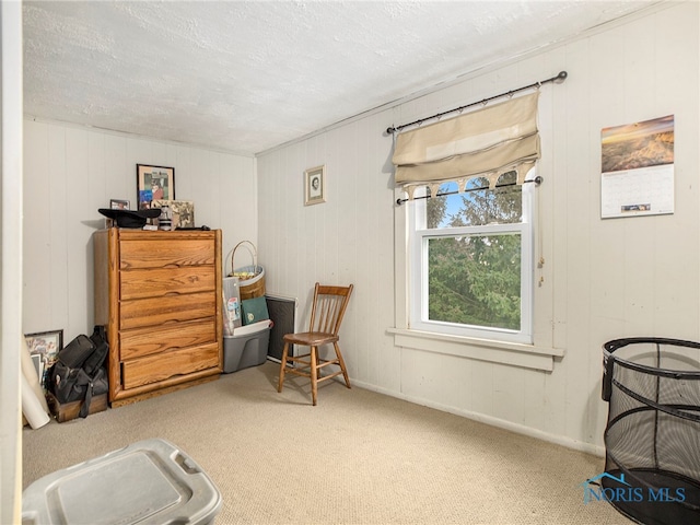 sitting room with a textured ceiling, carpet flooring, and wood walls