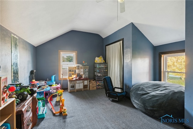 interior space featuring lofted ceiling, carpet flooring, a healthy amount of sunlight, and ceiling fan