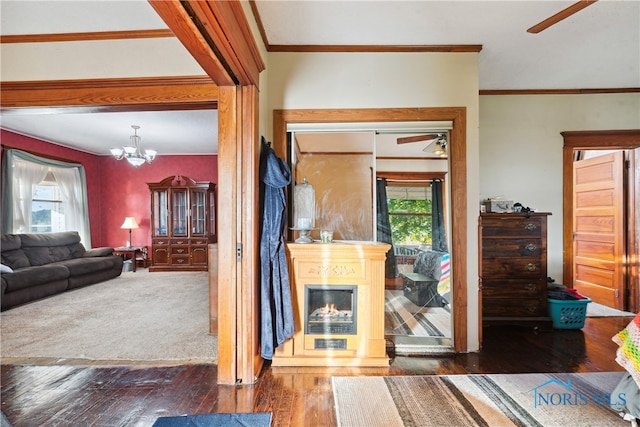 living room with dark wood-type flooring, ornamental molding, a wealth of natural light, and ceiling fan with notable chandelier