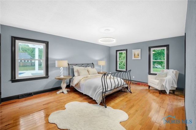 bedroom with multiple windows and hardwood / wood-style floors