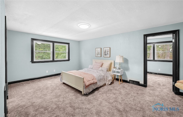 bedroom featuring light carpet, a textured ceiling, and multiple windows