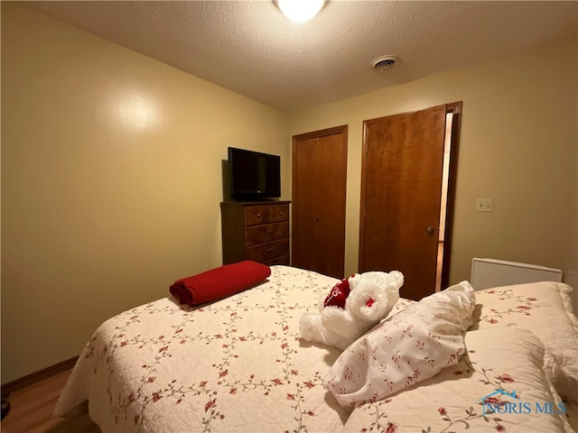 bedroom featuring a textured ceiling, multiple closets, and hardwood / wood-style flooring