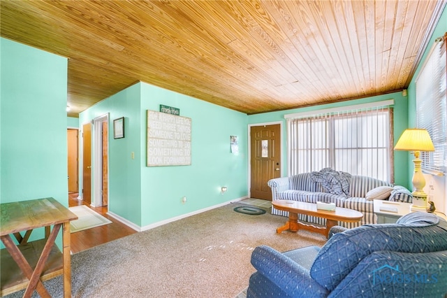 carpeted living room with wooden ceiling