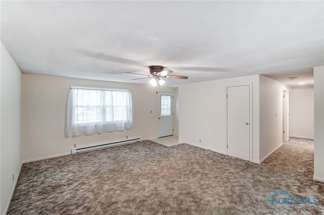 unfurnished room featuring light colored carpet, ceiling fan, and baseboard heating