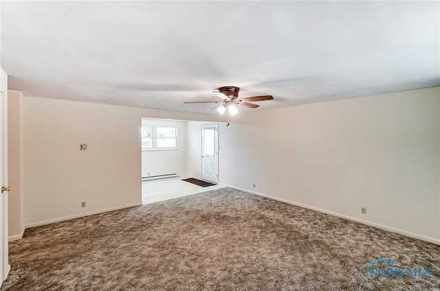 carpeted empty room featuring a baseboard radiator and ceiling fan