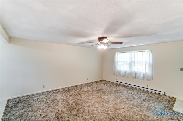 carpeted spare room featuring ceiling fan, baseboard heating, and a textured ceiling