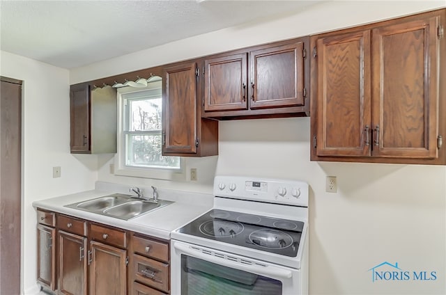 kitchen with white electric range oven and sink