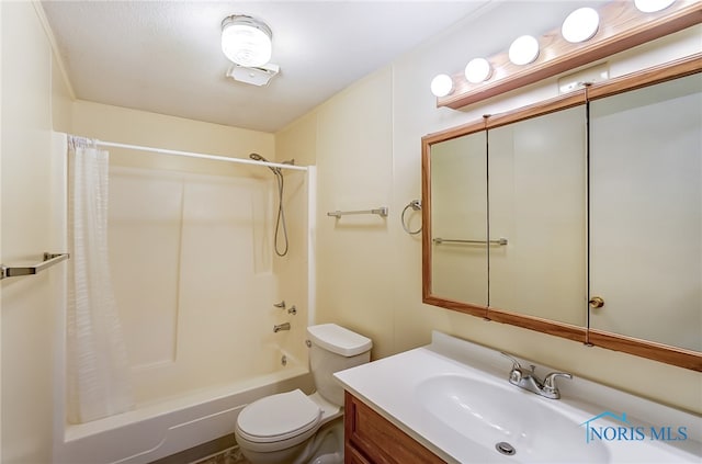 full bathroom featuring shower / bath combination with curtain, vanity, and toilet