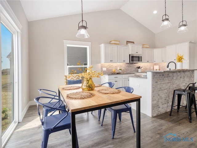 dining space featuring high vaulted ceiling, light wood-type flooring, and a healthy amount of sunlight