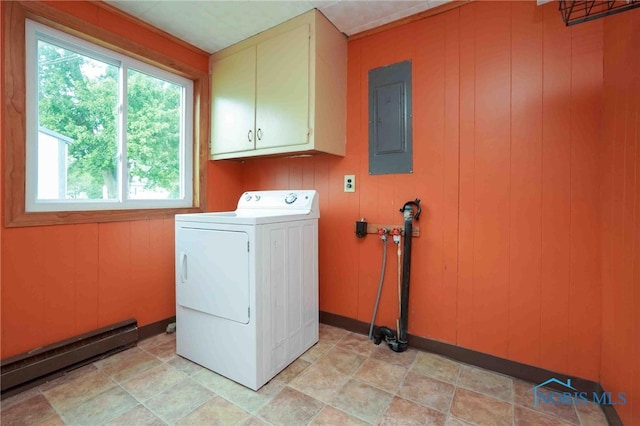 laundry room featuring cabinets, washer / dryer, electric panel, wood walls, and a baseboard radiator