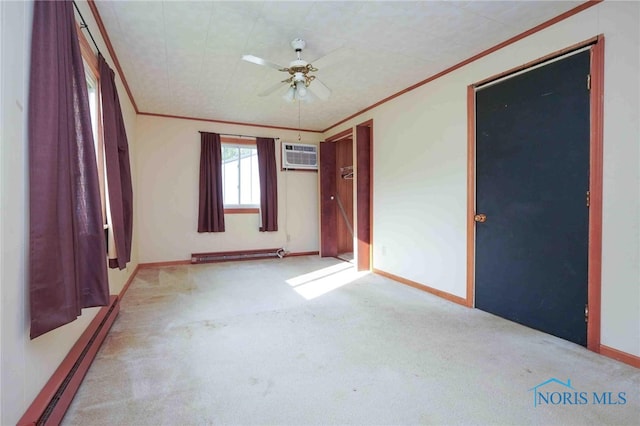 unfurnished bedroom featuring light carpet, ceiling fan, baseboard heating, and ornamental molding