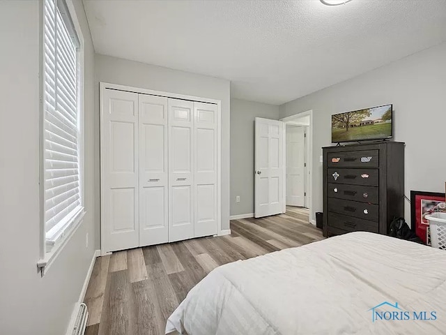 bedroom featuring a textured ceiling, a closet, light hardwood / wood-style floors, and multiple windows