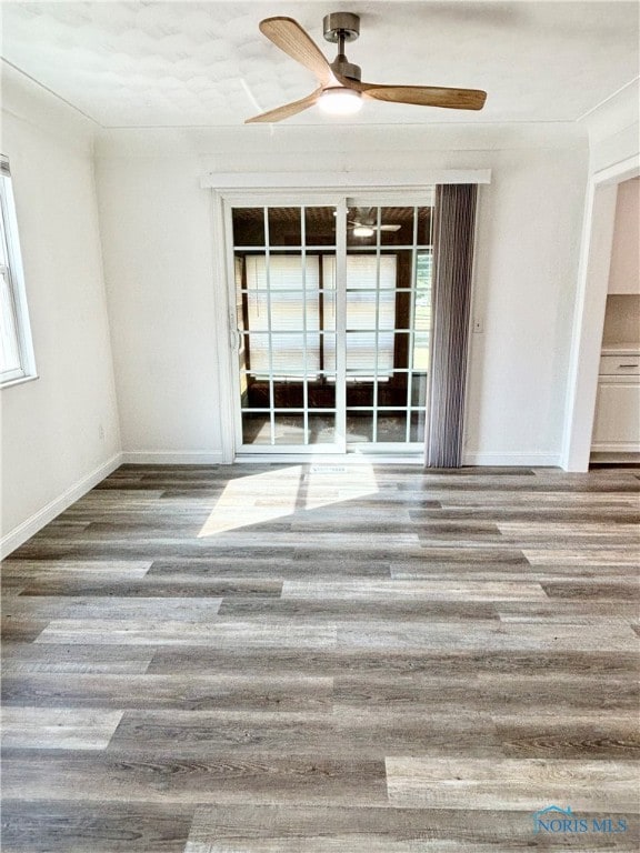 empty room with wood-type flooring, ceiling fan, and a wealth of natural light