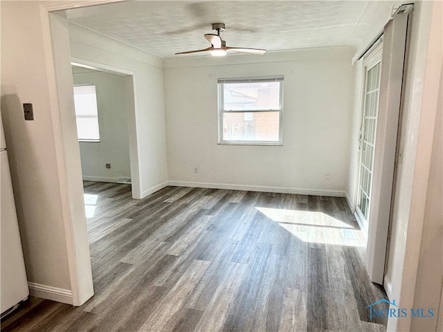 unfurnished room featuring wood-type flooring, ceiling fan, and a textured ceiling