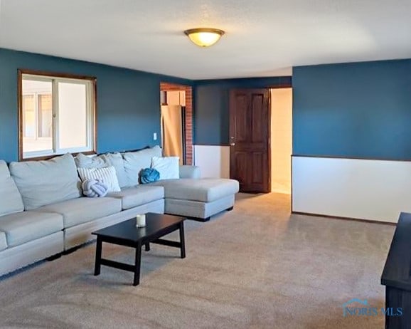 living room featuring light colored carpet