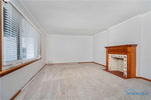 unfurnished living room featuring baseboard heating, light carpet, and ornamental molding