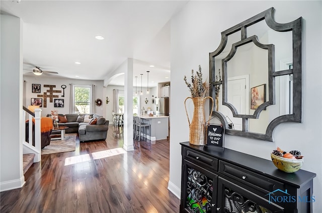 entrance foyer featuring dark hardwood / wood-style floors and ceiling fan