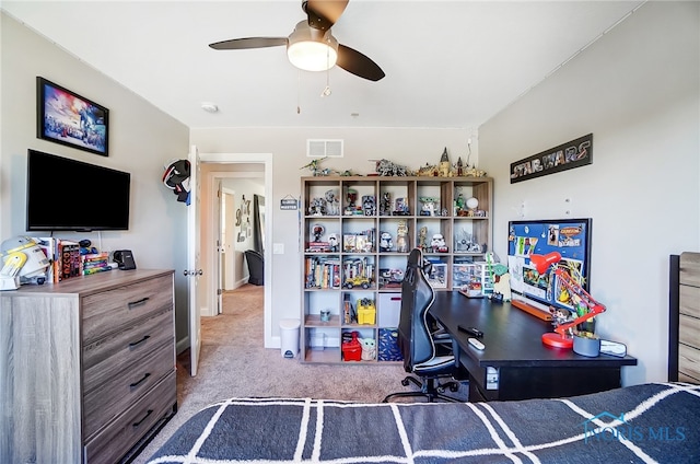 bedroom featuring ceiling fan and light colored carpet