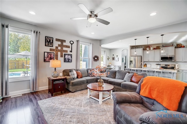 living room with wood-type flooring and ceiling fan