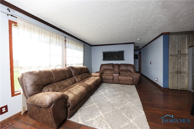 living room featuring a textured ceiling, crown molding, and dark hardwood / wood-style flooring