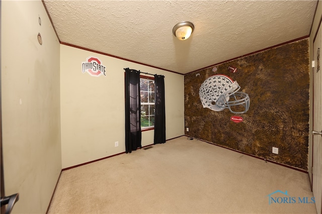 carpeted empty room with crown molding and a textured ceiling