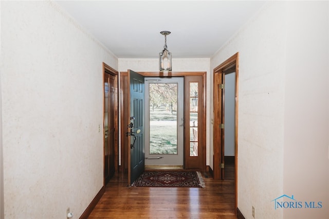 doorway with dark hardwood / wood-style floors and ornamental molding