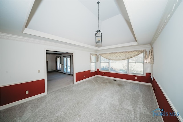 carpeted spare room with ornamental molding and a raised ceiling