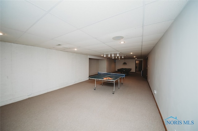 recreation room with a drop ceiling, pool table, and carpet floors