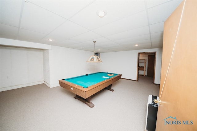 rec room featuring a drop ceiling, pool table, and carpet flooring