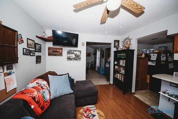 living room with ceiling fan and wood-type flooring