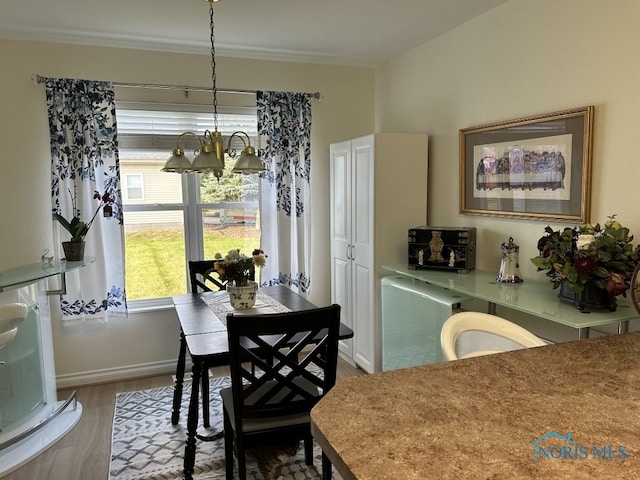 dining space with hardwood / wood-style flooring and a chandelier