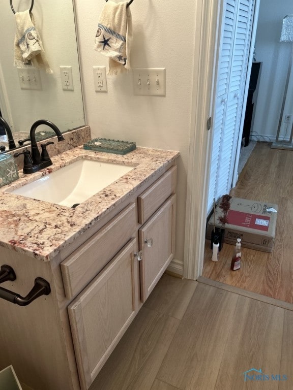 bathroom with wood-type flooring and vanity