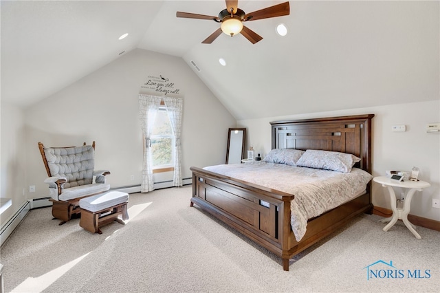 bedroom with ceiling fan, light colored carpet, and vaulted ceiling