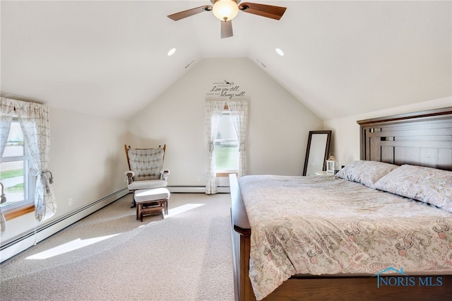 bedroom with lofted ceiling, a baseboard heating unit, carpet flooring, and ceiling fan